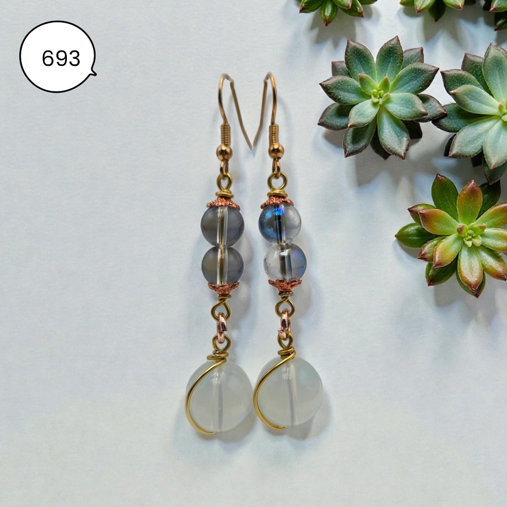 Iridescent Glass & Milky White Dangle Earrings – Handmade Gold Tone Boho Jewelry
